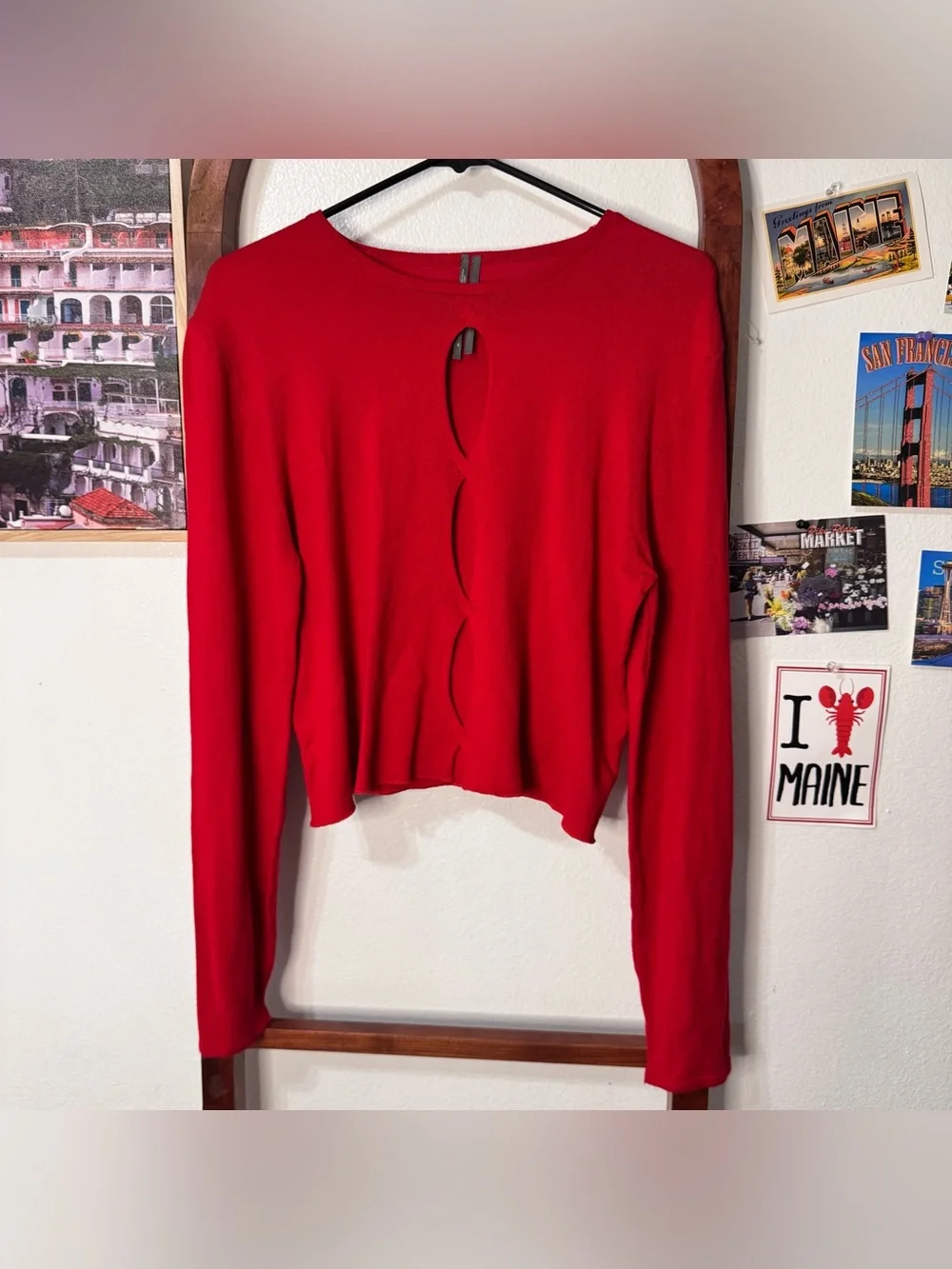 Anthropologie Twisted Cut-Out Sweater Red Knit Viscose Keyhole Long Sleeve Top